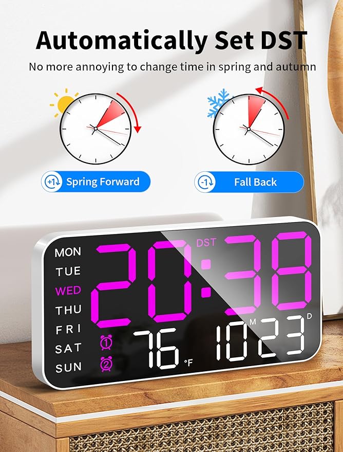 MASHI 8.4''Large Digital Wall Clock, Led Alarm Clock with Big Digits, Date, Temperature, DST, Modern Decor Design for Desk,5-Level Brightness for Room, Bedroom, Gift, Yougster and Elderly (Purple)