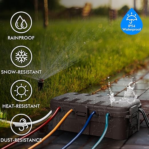 RESTMO Outdoor Electrical Box, IP54 Weatherproof Extension Cord Cover with 6 Cable Entry Ports, Waterproof Connection Box Protect Power Strip, Timer, Plug, Holiday Lights, (11.5x5.2x4 inch), Brown