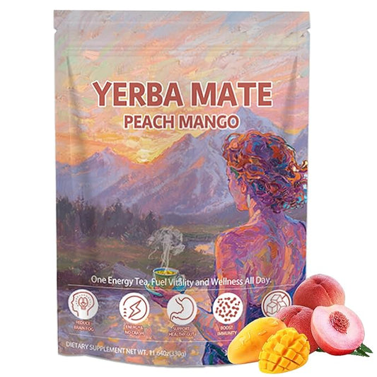 Yerba Mate Instant Tea Powder - Clean Energy, Boosts Focus, Low Sugar & Caffeine, Gut Health, Peach Mango - 30 Servings