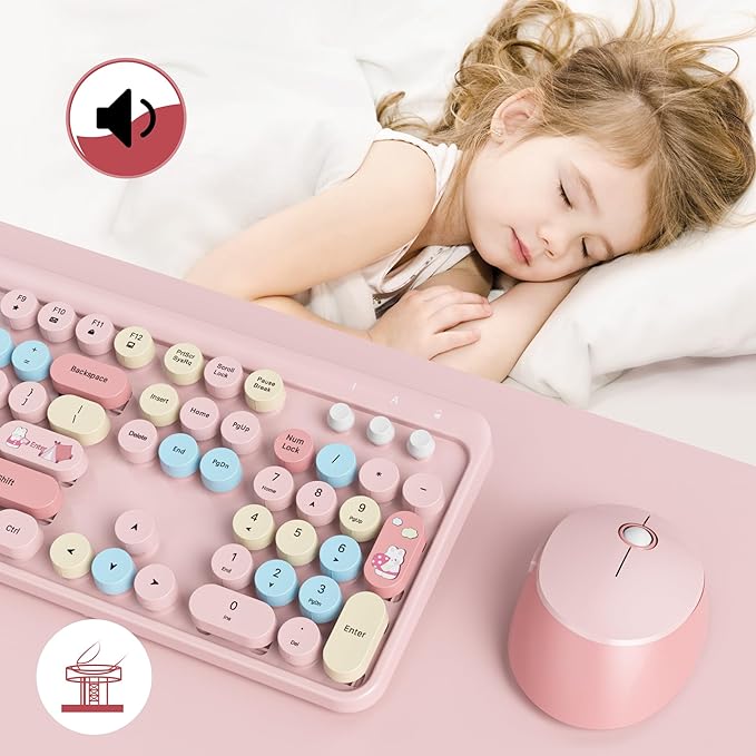 GTSP Typewriter Pink Keyboard and Mouse Wireless, Full-Size Colorful Cute Office Keyboard 2.4GHz with Number Pad for Desktop Laptop and PC (Colorful Pink)