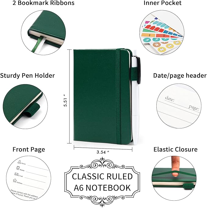 feela 3 Pack Pocket Notebook Journals with 3 Black Pens, A6 Mini Cute Small Journal Notebook Bulk Hardcover College Ruled Notepad with Pen Holder for Office School Supplies, 3.5”x 5.5”, Dark Green