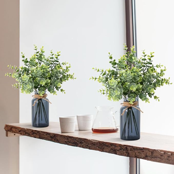 Leftover 8 PCS Faux Eucalyptus Stems in Black Glass Vase,Fake Plants Greenery Stems for Centerpiece Table Decorations,Fake Plants for Black Bathroom Decor(Sage Green)