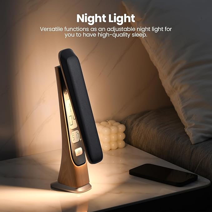 Rechargeable Cordless LED Desk lamp, dimmable Table lamp with Battery,Digital Clock,LCD,Date,Stepless Brightness Foldable Portable Lights for Home,Reading,Office (Brown)