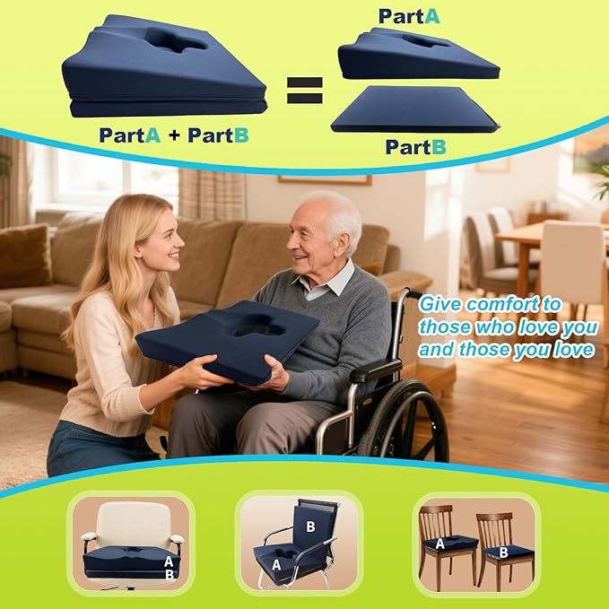 Gel Wheelchair Seat Cushion,Bed Sore Cushions for Butt,Relieve Sciatica,Coccyx,Pressure Sore and Ulcer Pain Relief Pillow,Cushion for Office Chairs,Removable&Washable Cover(Elevated Set Blue)