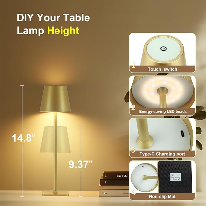 Cordless Table Lamp with Timer, Rechargeable 5200mAh Battery Operated Lamp with Remote, Adjustable Height, 3-Color Stepless Dimming, Small LED Table Lamp for Bedroom Dining Office Outdoor(Gold)
