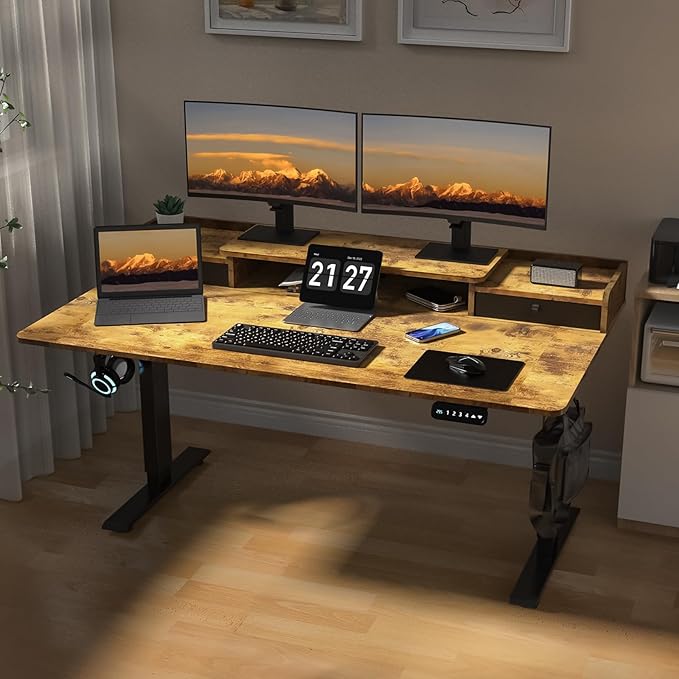 63 x 30 Inch Electric Standing Desk with 2 Drawers, Adjustable Height Widened Stand Up Desk with Storage, Sit to Stand Ergonomic Workstation for Home Office, Rustic Brown