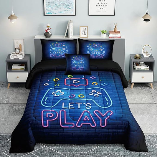 Queen Gaming Comforter Sets 6PCS, Gaming Bedding Set for Boys,Bed in a Bag with Flat Sheet and Fitted Sheet,Pillowcases,Cushions for Boys