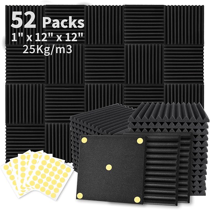 52 Pack Acoustic Foam Panels 1" x 12" x 12" Sound Proof Foam Panles Soundproofing Noise Cancelling Wedge Panels for Home Office Recoding Studio with 300PCS Double-Side Adhesive