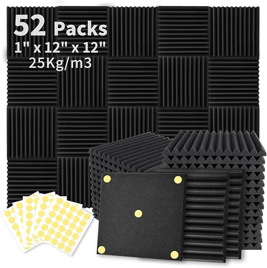 52 Pack Acoustic Foam Panels 1" x 12" x 12" Sound Proof Foam Panles Soundproofing Noise Cancelling Wedge Panels for Home Office Recoding Studio with 300PCS Double-Side Adhesive