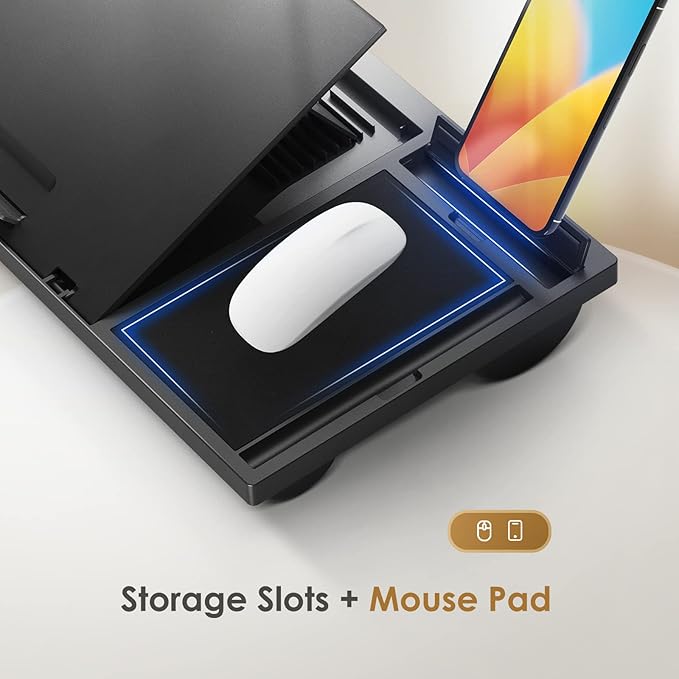 LORYERGO Adjustable Laptop Desk with Cushion, Mouse Pad & Cellphone Slot - Laptop Stand for Bed & Couch, Lap Desk for Home & Office (Black)