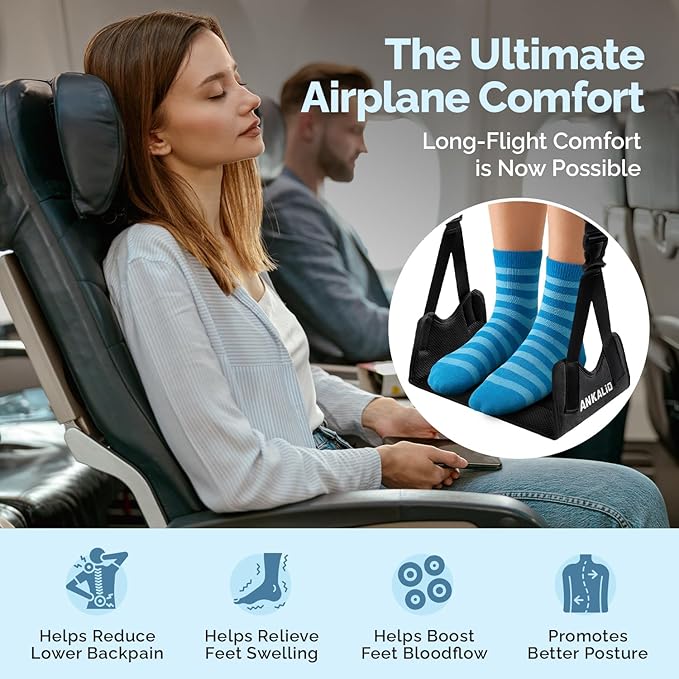 2 Pack No-Collapse Airplane Foot Hammock–Adjustable Foot Hammock for Plane Travel with Thick Bamboo Base, Lightweight Travel Footrest for Office, Flights(Black)