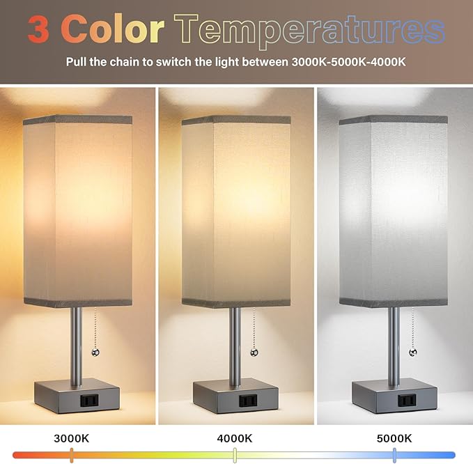 Grey Bedside Table Lamps for Bedroom Set of 2 - Small Rectangular Nightstand Lamp with AC Outlet Charging Port, 3 Color Temperatures Light, Tabletop Reading Lamp for Living Room/Dorm/Office