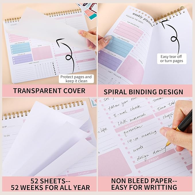 Weekly To Do List Notepad, 8.5''x11'' Weekly Desk Planners with 52 Tear Off Sheets Undated Planner Habit Tracker & Productivity Organizer for Home and Work, Pink
