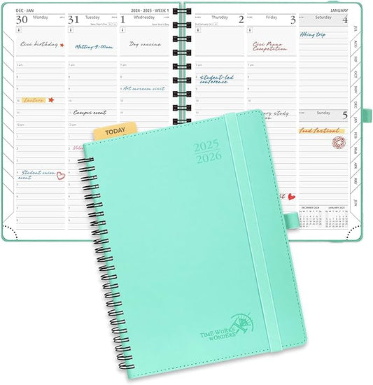 POPRUN Planner 2025-2026 (Medium - 6.5'' x 8.5'') Academic Weekly Calendar (July 2025 - June 2026) with Hourly Time Slots, Monthly Tabs, 100GSM Thick Papers, Spiral Leather Cover - Green