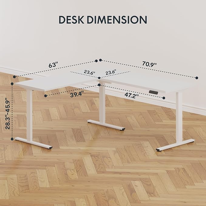 SANODESK L Shaped Standing Desk Adjustable Height, Electric Corner Standing Desk, 71 x 63 inch Sit Stand Computer Table with Splice Board, White