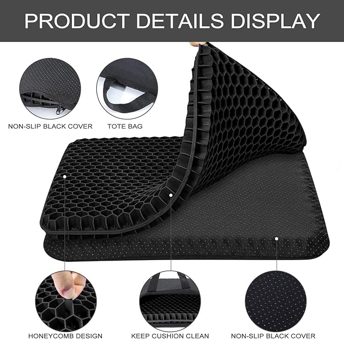 Gel Seat Cushion, for Long Sitting -Double Thick Gel Seat Cushion Breathable Honeycomb Chair Cushion with Non-Slip Cover for Office Chair Car, Wheelchair, Long Trips,Relief Sciatica Pain