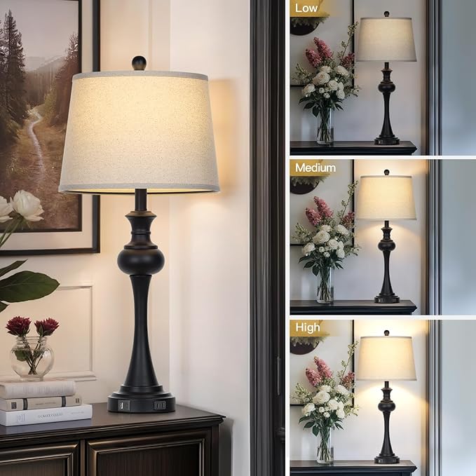 28.75" Black Modern Table Lamps for Living Room, Bedside Lamp with USB A+C Ports & AC Outlets, 3 Way Dimmable Touch Lamps for Living Room,Nightstand Lamp LED Bulb Included (1Pack