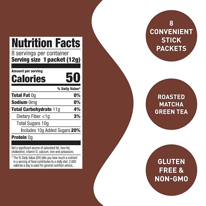 Aiya Japanese Sweetened Roasted Matcha To Go Sticks - Hojicha- Packets of Roasted Japanese Matcha Green Tea, Gluten-Free - For Lattes & Smoothies - 8 Single-Serving Sticks