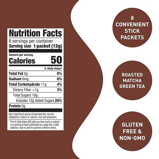 Aiya Japanese Sweetened Roasted Matcha To Go Sticks - Hojicha- Packets of Roasted Japanese Matcha Green Tea, Gluten-Free - For Lattes & Smoothies - 8 Single-Serving Sticks