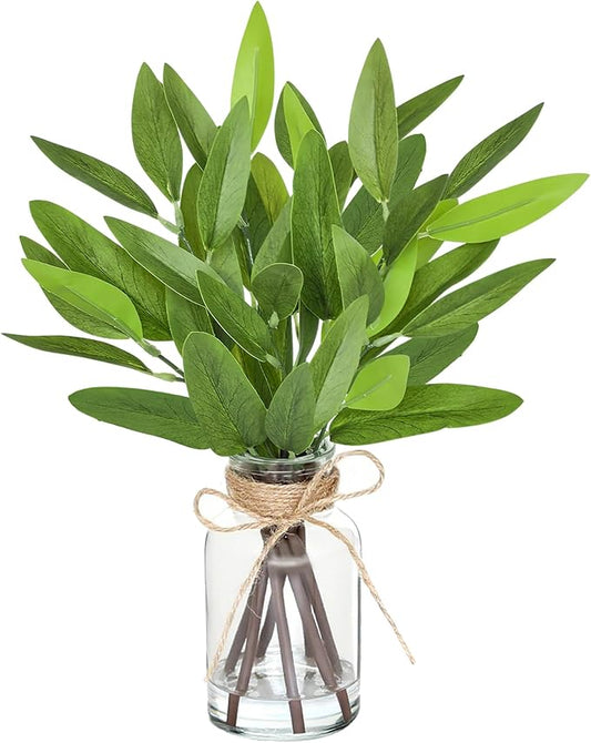 13" Fake Eucalyptus Stems in Vase with Faux Water,Artificial Plants Leaves for Shelf Desk Bathroom Farmhouse Room Coffee Table Home Decor (Eucalyptus-Pointed Leaf)