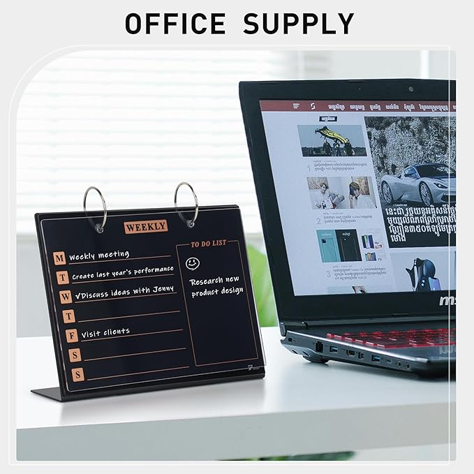 Desktop Glass Dry Erase & Acrylic Aesthetic Desk Calendar Weekly to-do List Combo, Small Magnetic Standing Whiteboard, Desk Flip Easel Calendar with Accessories for Home Office Supply, Black, 9 x 7''