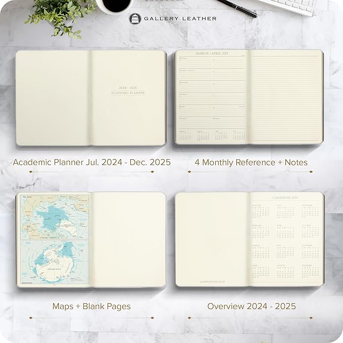 Gallery Leather Academic Planner 2025, Teacher and Student Weekly Monthly Planner, Elegantly Bound Calendar with Gold-Gilded Page Edges, 18 Months - Acadia Hope - 9 x 7 "