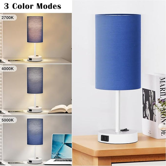 ZJOJO Table Lamp for Bedroom Set of 2, Bedside Small Lamps with 3 Way Dimmable Rocker Switch and AC Outlet, Nightstand Desk Lamp with Blue Fabric Shade White Base for Living Room Home Decor Lights