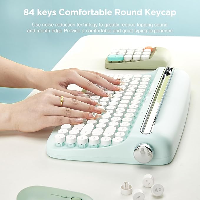 YUNZII ACTTO B303 Wireless Typewriter Keyboard, Bluetooth Connection, Cute Retro Aesthetic Design with Integrated Stand for Tablet, Phone, PC and Win/Mac/Android (B303, Sweet Mint)