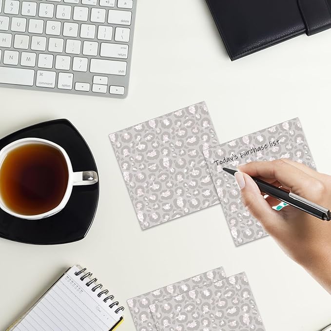 Sticky Notes 3x3 Inches, 2 Pads Cute Colorful Self-Stick Note Pads, Easy to Post for Home, Office and Daily Life Organization Luxury Silver Leopard