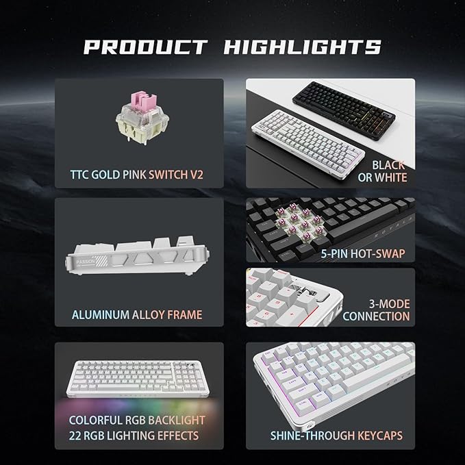 98% Wireless Mechanical Keyboard, BT/2.4G/USB-C Tri-Mode Hot Swappable with PBT Keycaps, Linear Switches, Gasket Structure, RGB Backlit Gaming Keyboard for Win/Mac/iOS/Android (White)