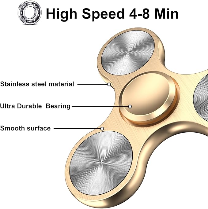 Fidget Spinners Toy, Metal Stainless Steel Bearing High Speed 4-8 Min Spins, EDC ADHD Stress Anxiety Relieves Reducer Fidgets Finger Toys, Spinner Toys for Kids and Adults (Golden)