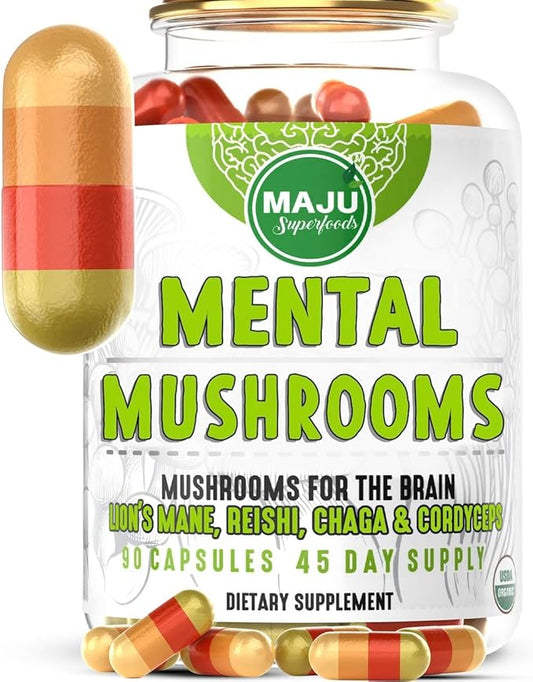 MENTAL Mushroom Capsules, Organic Extract Supplement w/ Lion's Mane, Cordyceps, Reishi and Chaga, Boost Your Focus, Energy, Wellness and Immune System - Nootropic Mushrooms, Immune Support 90ct