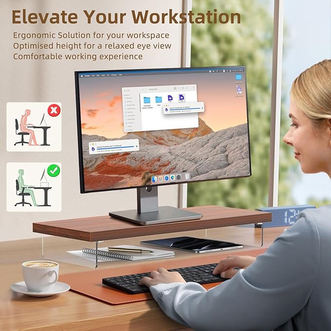 Monitor Stand Riser, Wood & Acrylic Computer Monitor Stand Desk Desktop Organizer Table for Home, Office Workspace, Laptop Riser, Printer, PC & TV Screen Riser