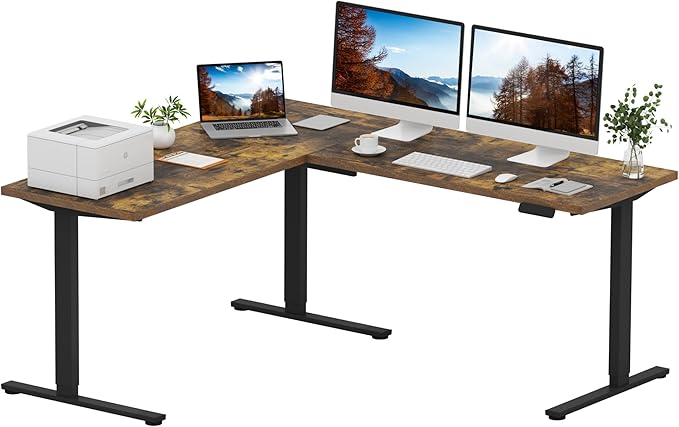 SANODESK L Shaped Standing Desk Adjustable Height, Electric Corner Standing Desk, 71 x 63 inch Sit Stand Computer Table with Splice Board, Rustic Brown
