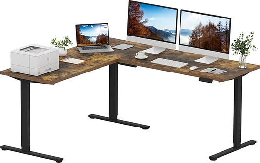 SANODESK L Shaped Standing Desk Adjustable Height, Electric Corner Standing Desk, 71 x 63 inch Sit Stand Computer Table with Splice Board, Rustic Brown