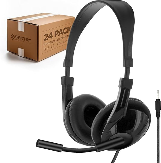 SENTRY Bulk Rugged School Headphones, Durable for Kids, Students, Teachers, Classrooms, 3.5mm or USB-C Jack Options, Optional Boom Mic for Online Learning (24 Count - 3.5mm with Boom Mic, 24, Count)