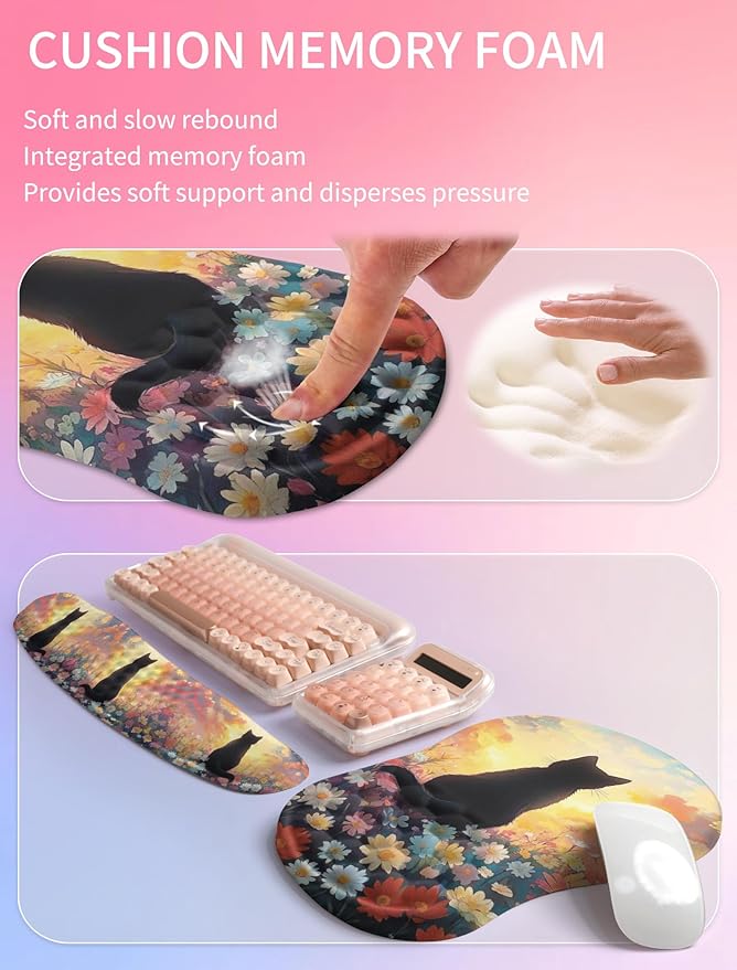 Hokafenle 2in1 Combination, Wave Keyboard Wrist Rest and Ergonomic Curvature Mouse Pad Wrist Support for Relieve Wrist Pain, Filled with Soft Cushion Memory Foam, Wishing Cat