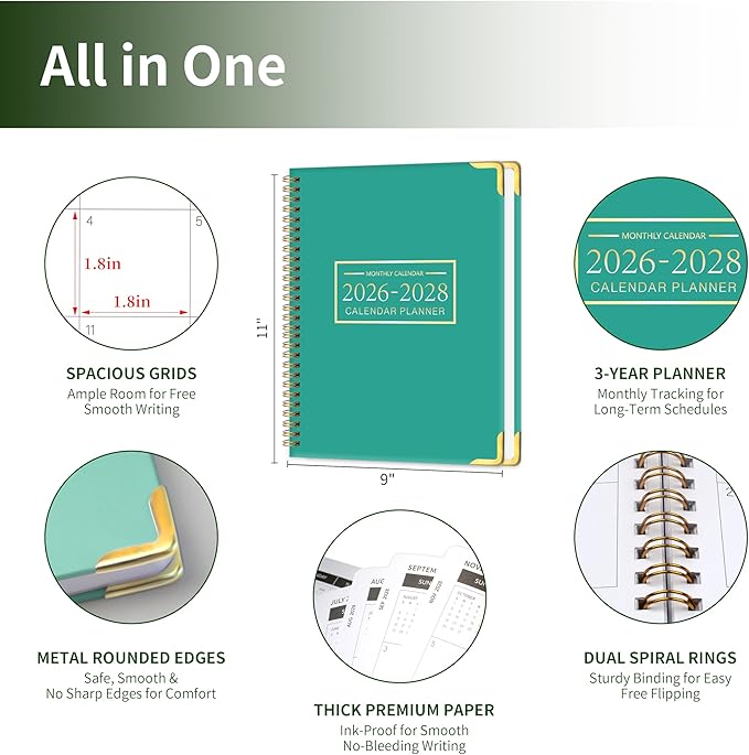 Monthly Planner 2026-2028 Hardcover with Metal Corner 3 Year Calendar 2026-2027-2028 Monthly Calendar Planner 36 Months from Jan 2026-Dec 2028,Large Size 8.5 x 11 Gradient Black for School, Office, Home Planning