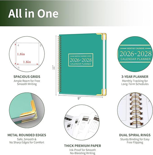 Monthly Planner 2026-2028 Hardcover with Metal Corner 3 Year Calendar 2026-2027-2028 Monthly Calendar Planner 36 Months from Jan 2026-Dec 2028,Large Size 8.5 x 11 Gradient Black for School, Office, Home Planning