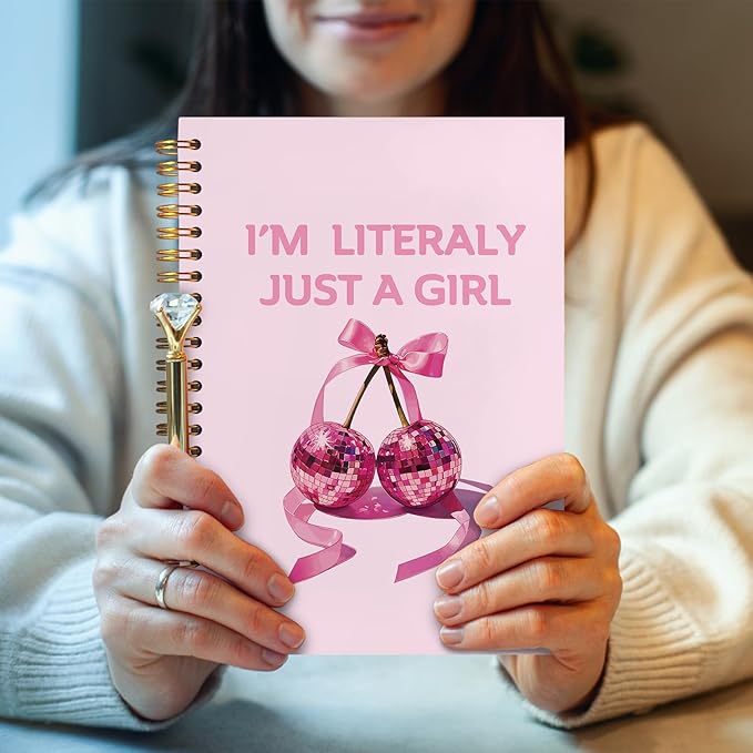 I'm Literally Just a Girl Pink Coquette Cherry Bow Spiral Notebook 5.5x8.3, Preppy Girly Journal for Women, Pink Office Supplies, Aesthetic Notebooks for Note Taking