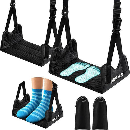 2 Pack No-Collapse Airplane Foot Hammock–Adjustable Foot Hammock for Plane Travel with Thick Bamboo Base, Lightweight Travel Footrest for Office, Flights(Black)