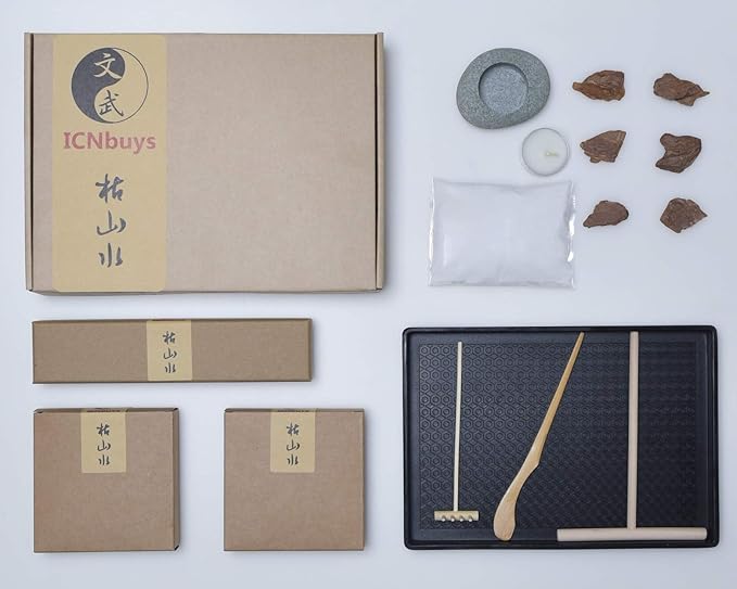 Handmade Zen Garden Pebble Tealight Candle Holder Set Wood Forest with Free Zen Garden Tools, Sand, Base Tray and Accessories