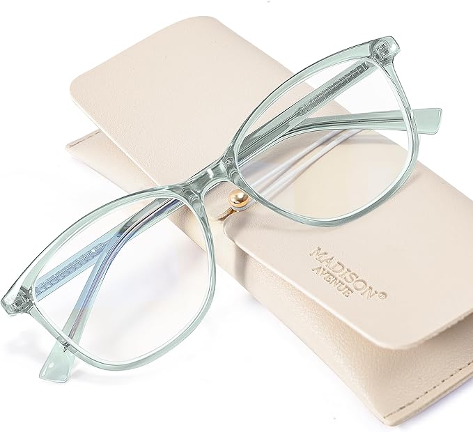 Madison Avenue TR90 Blue Light Blocking Glasses Anti Eyestrain UV Glare Blue Light Glasses for Women TV Phone Computer Gaming Eyeglasses (Transparent Green)