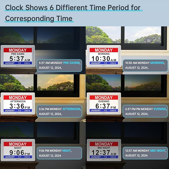 Soobest Digital Dementia Alarm Clock for Seniors Elderly, Electric Large Display Date Day of Week Time Calendar Clock 20 Reminders 3 Ringtones for Memory Loss Alzheimers, Auto DST/Dimmer, 1024*600P HD