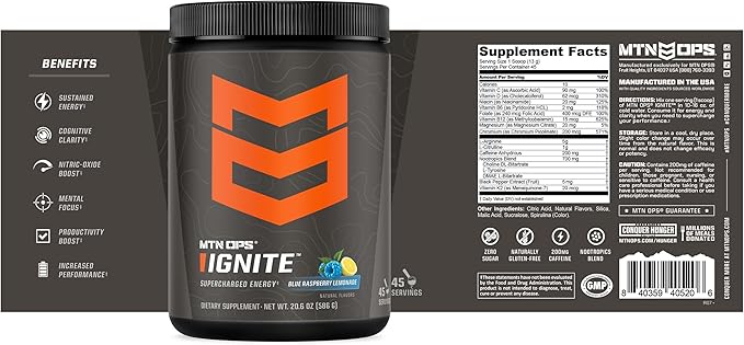MTN OPS Ignite Energy Drink Powder, Gluten Free Nootropic Supplement Drink Mix, L Arginine, L Citrulline, Caffeine & Nootropic Sugar Free Drink Mix, 45 Servings, Blue Raspberry Lemonade