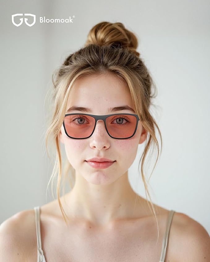 Bloomoak Rose Tinted Migraine Relief Glasses, FL- Flex Pink Light Sensitivity Glasses for Fluorescent LED Glare, Photophobia, Eye Strain