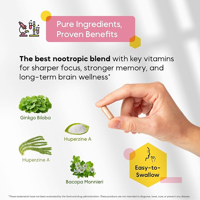Memory & Focus Nootropic – Brain Neuro Matrix with Ginkgo Biloba & Huperzine A – Vegan, Natural, Caffeine-Free – Supports Clarity & Mood for Students, Seniors & Professionals – 90 Caps 3-Month Supply