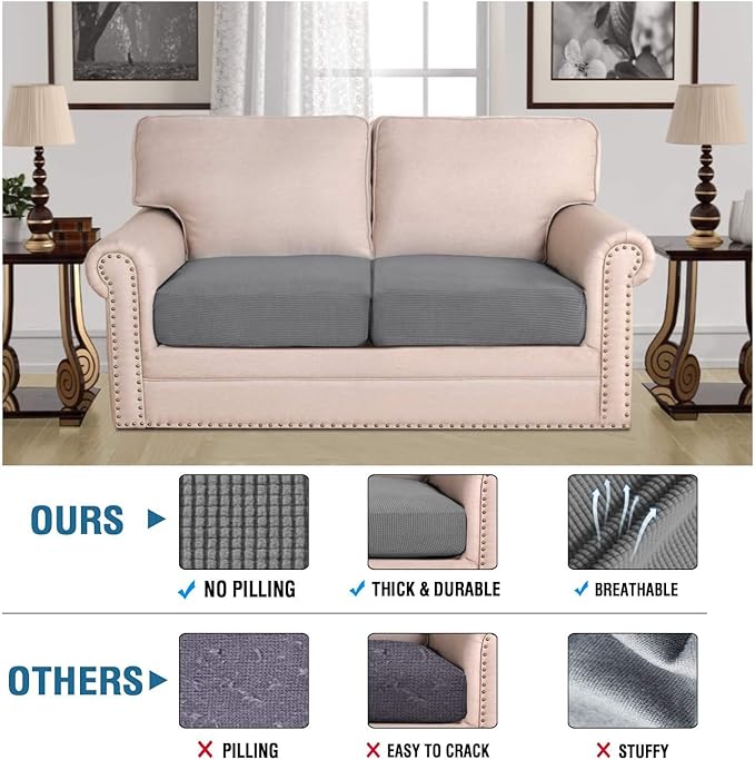 H.VERSAILTEX Super Stretch Individual Seat Cushion Covers Sofa Couch Slipcover Sets Thick Jacquard Textured Twill Fabric (2 Piece Medium Covers, Grey)