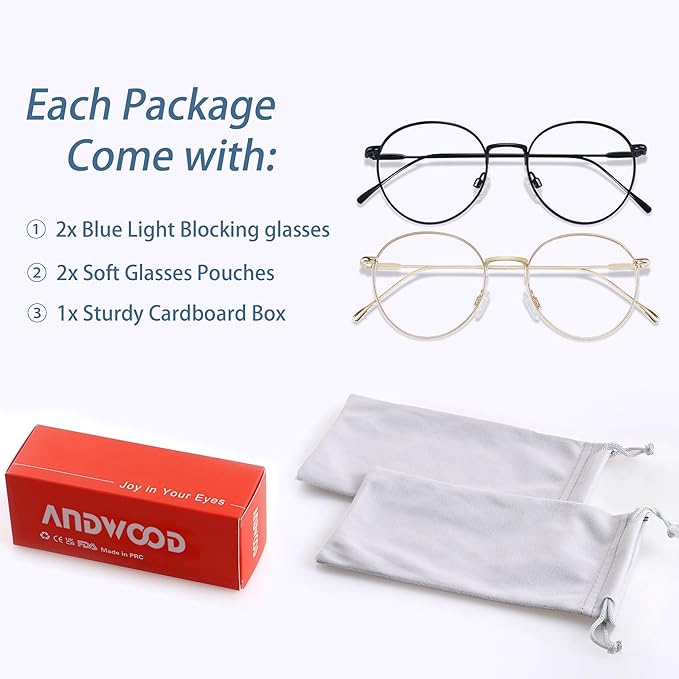 ANDWOOD Blue Light Blocking Glasses Women Men Small Face Computer Clear Bluelight Blocker Super Lightweight Metal Frame Round