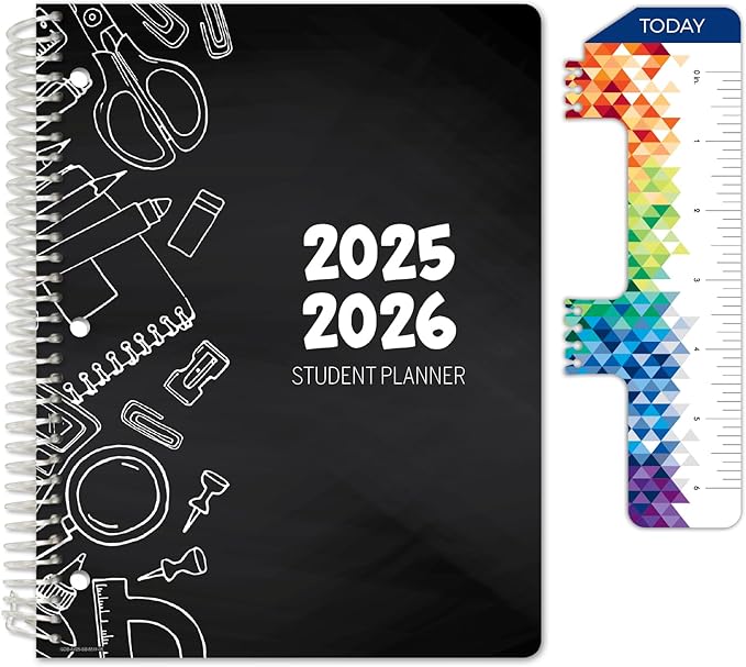 Global Datebooks Dated Middle School or High School Student Planner for Academic Year 2025-2026 Includes Ruler/Bookmark and Planning Stickers (Block Style - 8.5"x11" - Doodles)